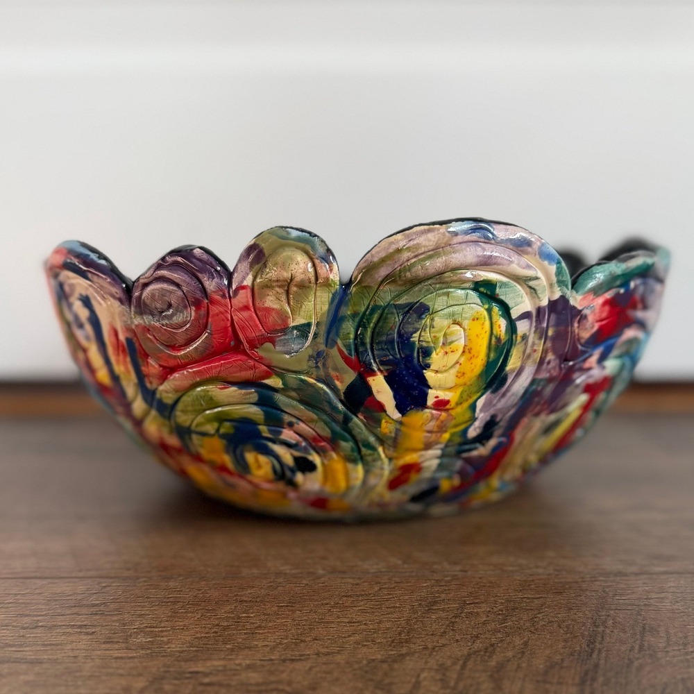 Signed Studio Pottery Art Bowl Home Decor OS Multicolor Spiral‎